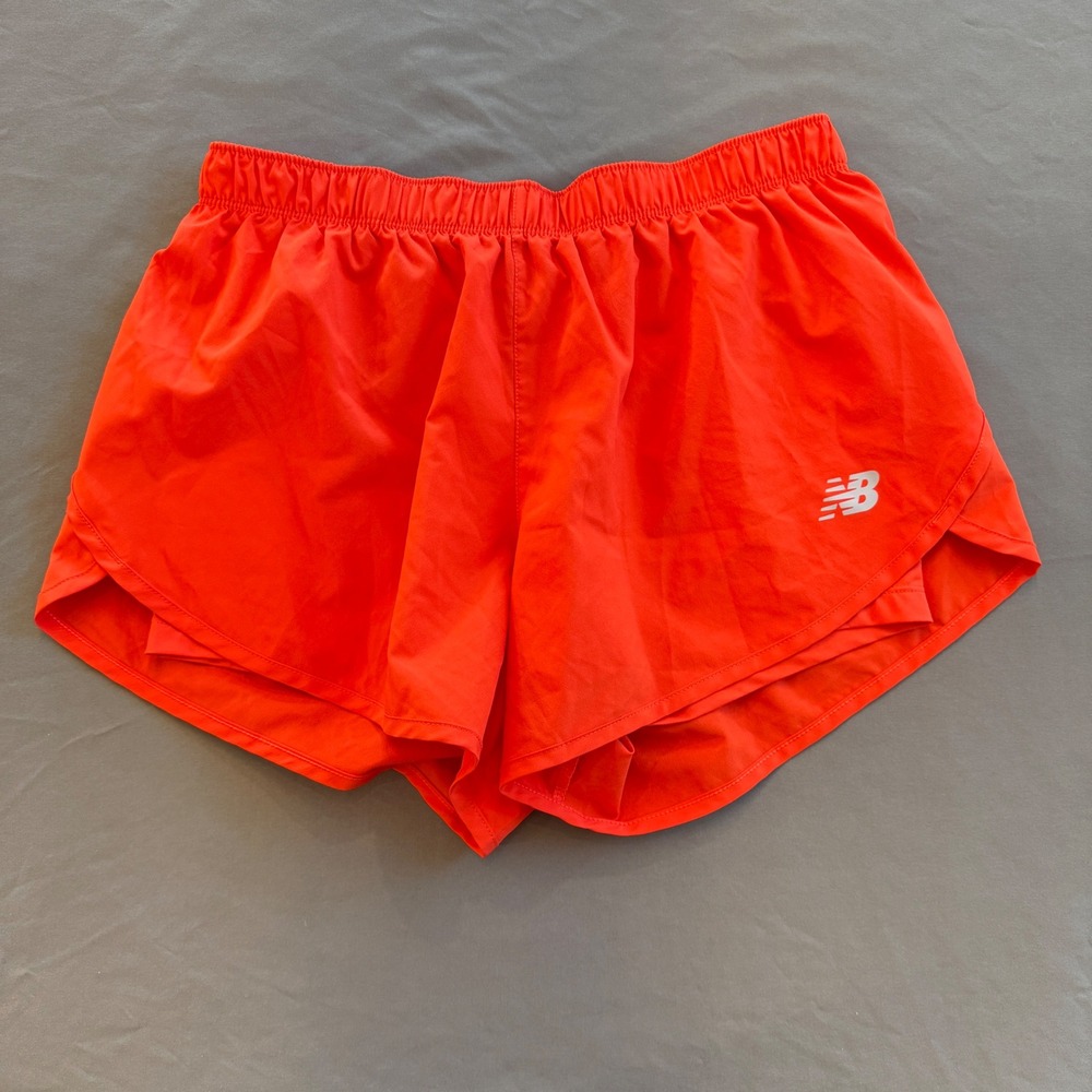 New Balance Womens Neon Orange Running Shorts Reflective Logo Lined Size S